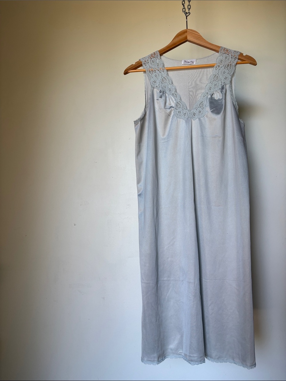 Vintage 70’s Lace-Trim Satin Slip Light Stone Blue Vanity Fair Size M U.S.A